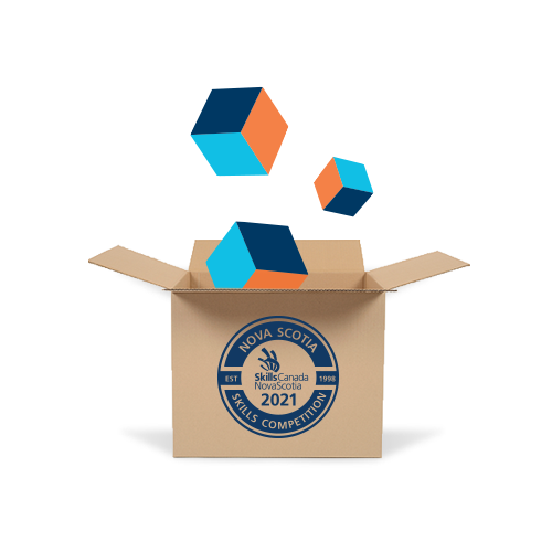 Skills Canada - Nova Scotia branded open cardboard box with skill cubes floating out of it.