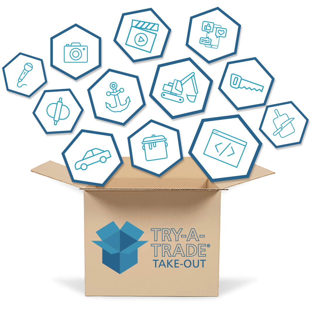 A branded Try-A-Trade® Take-Out box open, with Try-A-Trade program icons floating out from it
