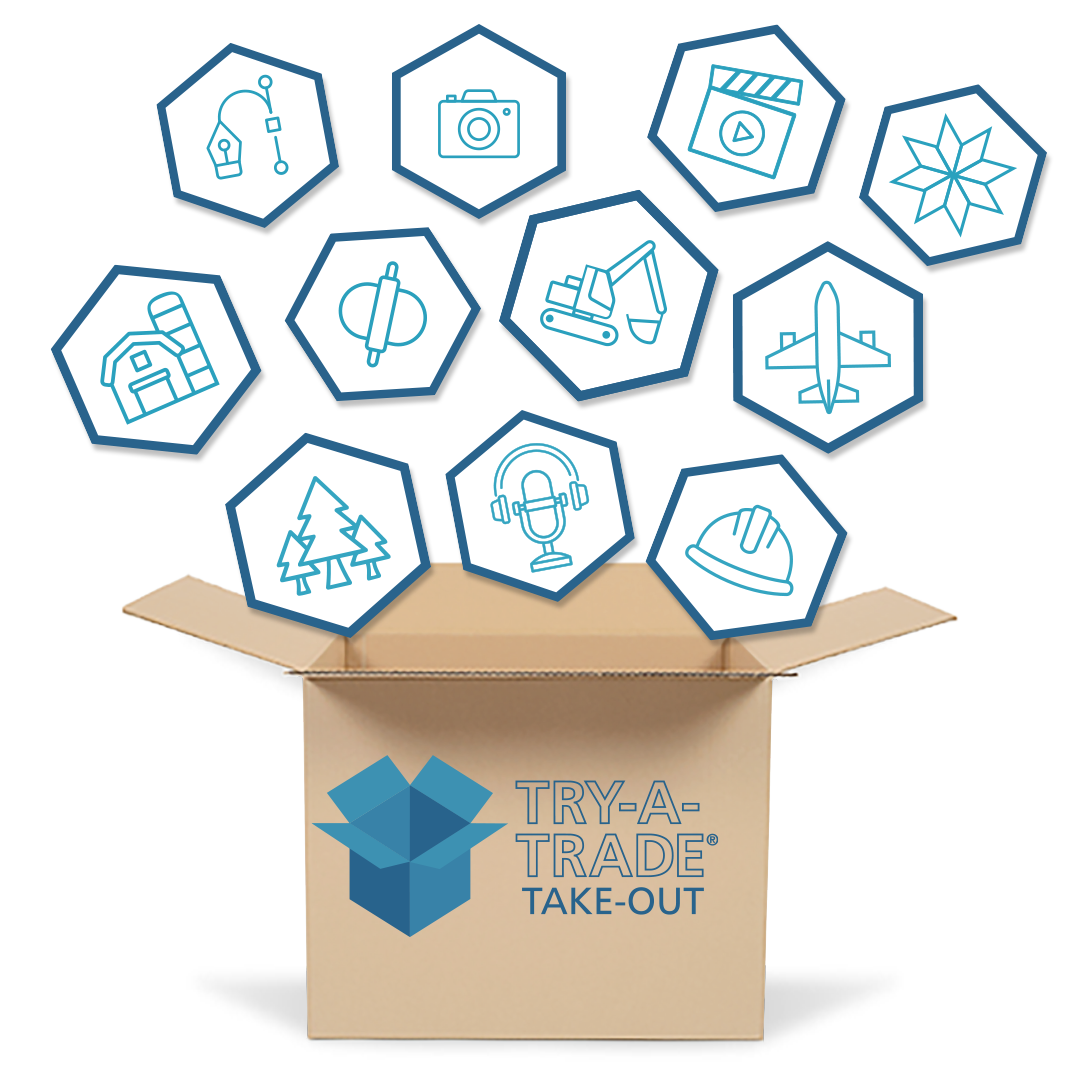 Cardboard box with Try-A-Trade Take-Out stamped on it. Try-A-Trade activity icons bursting out from inside the box.